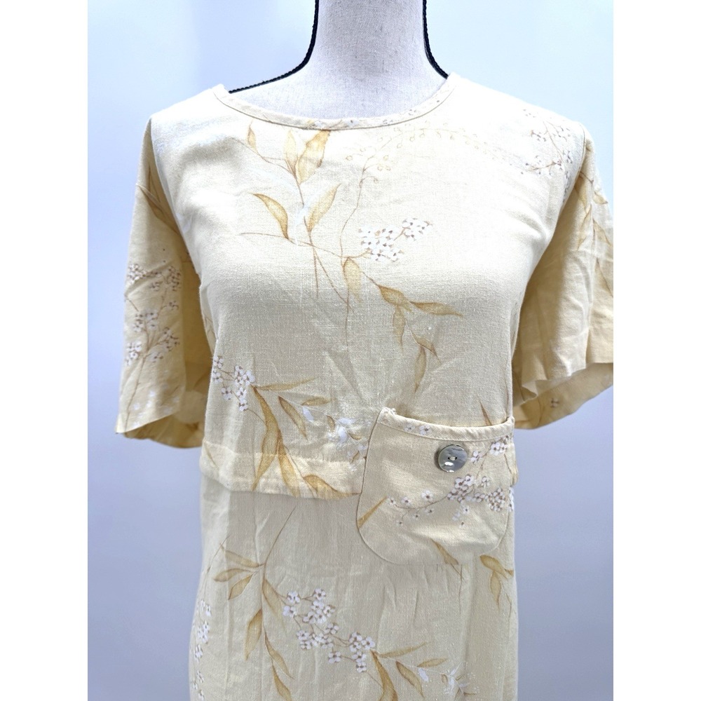 VTG 90s Real Cottagecore Yellow Floral Linen Maxi Dress 16 W Country Lagenlook - Picture 3 of 12